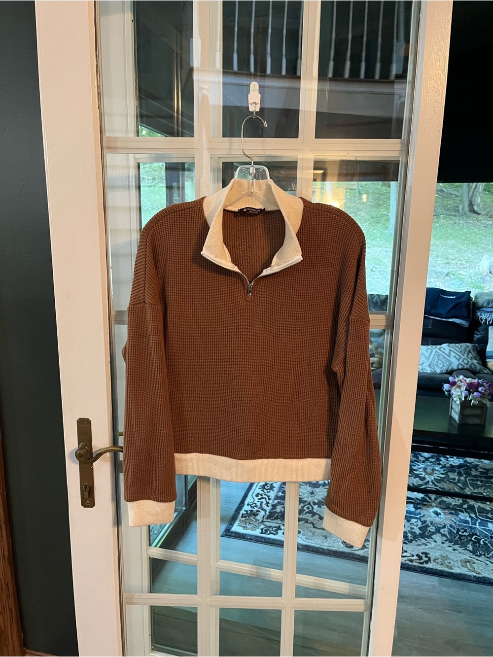 Waffle-Knit Brown Half-Zip Sweatshirt with Cream Trim